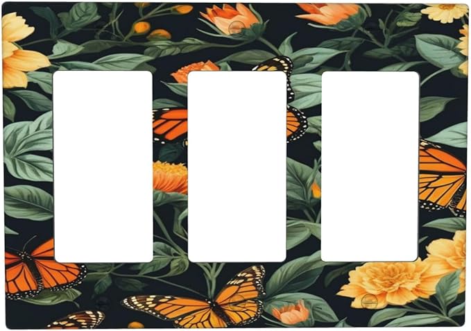 Butterflies Flower Garden 3 Gang Rocker Triple Outlet Wall Plate Decorative Switchplate Cover Faceplate GFCI Light Switch Covers for Farmhouse Living Decor
