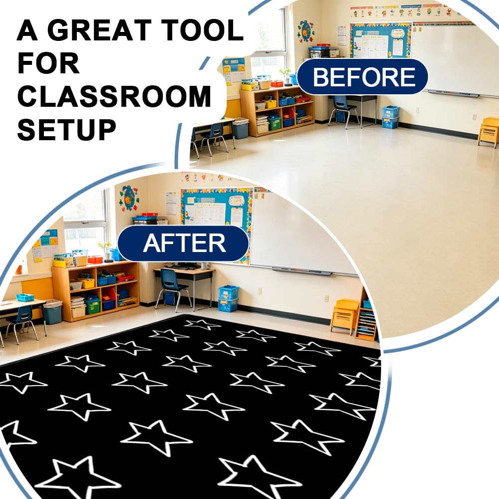 MAISONRINA Large Black and White Classroom Rug Elementary with Seating Spots, Stars Classroom Rugs for Preschool Nursery Daycare, Educational Kids Carpet for Kindergarten, 13'x7'7'' Seats 24(Black)