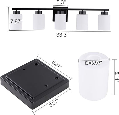 5 Light Bathroom Light Fixtures, 33.3 Inches Vanity Lights for Mirror, Black Vanity Lighting Fixtures with Milky White Glass Shades