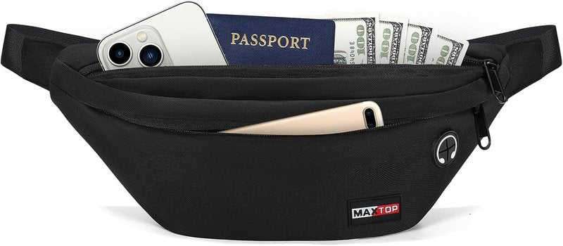 MAXTOP Large Black Fanny Pack - Versatile Crossbody Waist Bag for Hiking, Cycling & Travel | Adjustable Strap