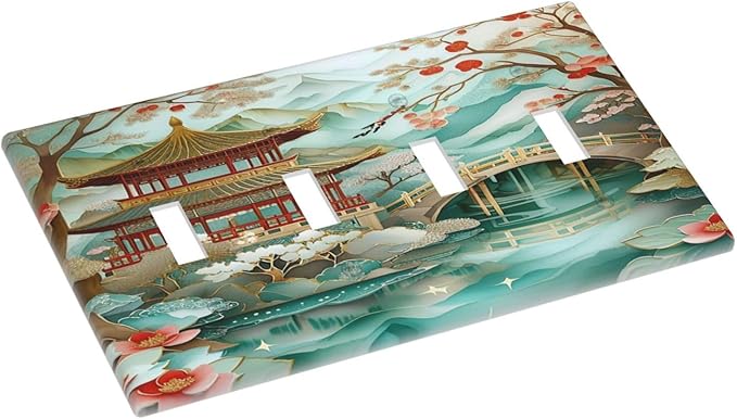 Asian Palace Traditional Bridge Cherry Blossoms Light Switch Covers Quad Toggle 4 Gang Wall Plate Decorative Switchplate Electrical Faceplate for Farmhouse Bathroom Living Decor