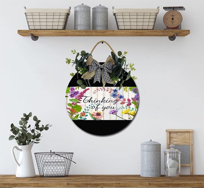 Garden Thinking Of You Front Door Sign Funny Wreaths Hanging Wooden Plaque Decoration Round Rustic Wood Farmhouse Porch Decor for Home Front Door Decor, 11 x 11 Inch