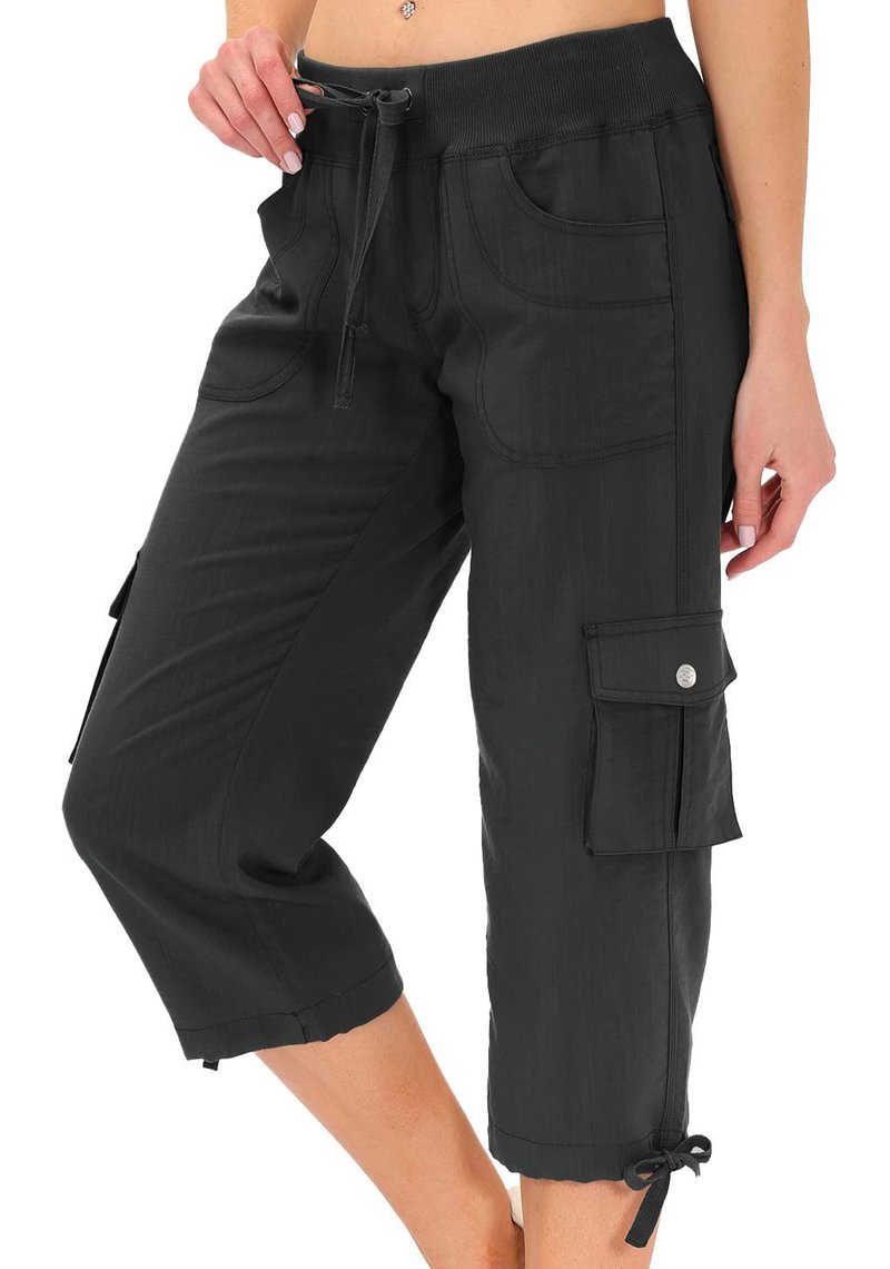 MoFiz Womens Capris with Pockets Loose Fit Casual Capri Pants Dressy Lightweight Ladies Baggy Cargo Pants for Hiking Dark Grey XS