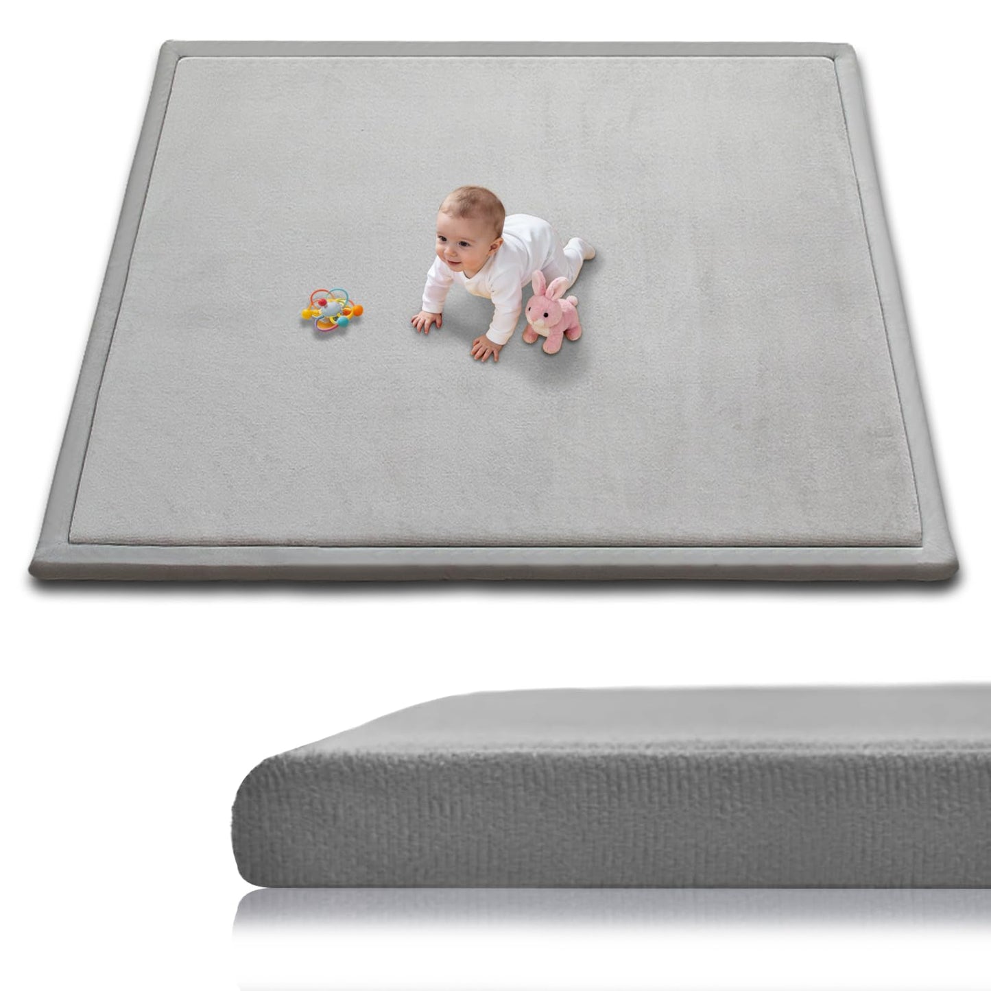 TreeBud Baby Play Mat for Floor, 1.3 Inch Thick Memory Foam Tummy Time Mats with Non Slip Backing, Soft Coral Velvet 50×50 Inch Playpen Mat Crawling Tatami for Infants Toddlers Kids, Light Grey