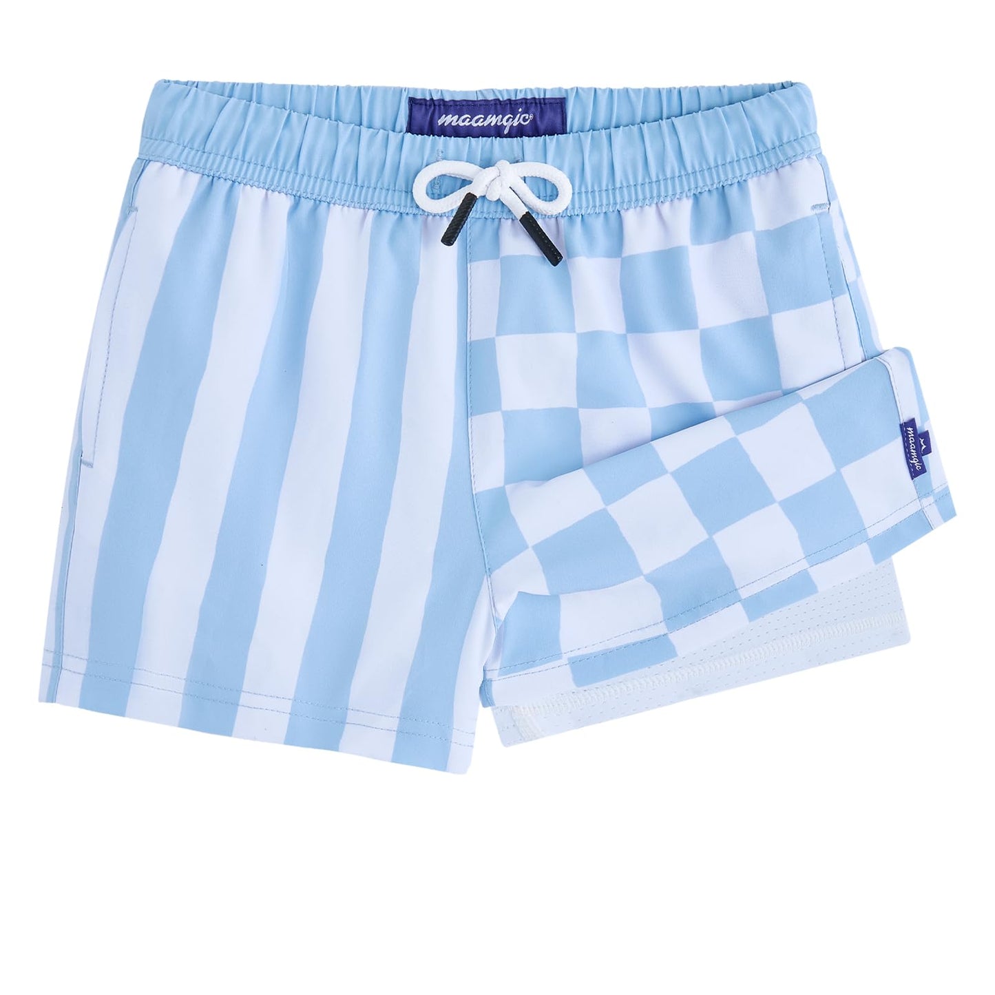 maamgic Boys Swim Trunks with Compression Liner Recycled Swim Shorts Anti-Chafe Boys Bathing Suit Stretch Toddler Beach Shorts Blue Plaid 5/6