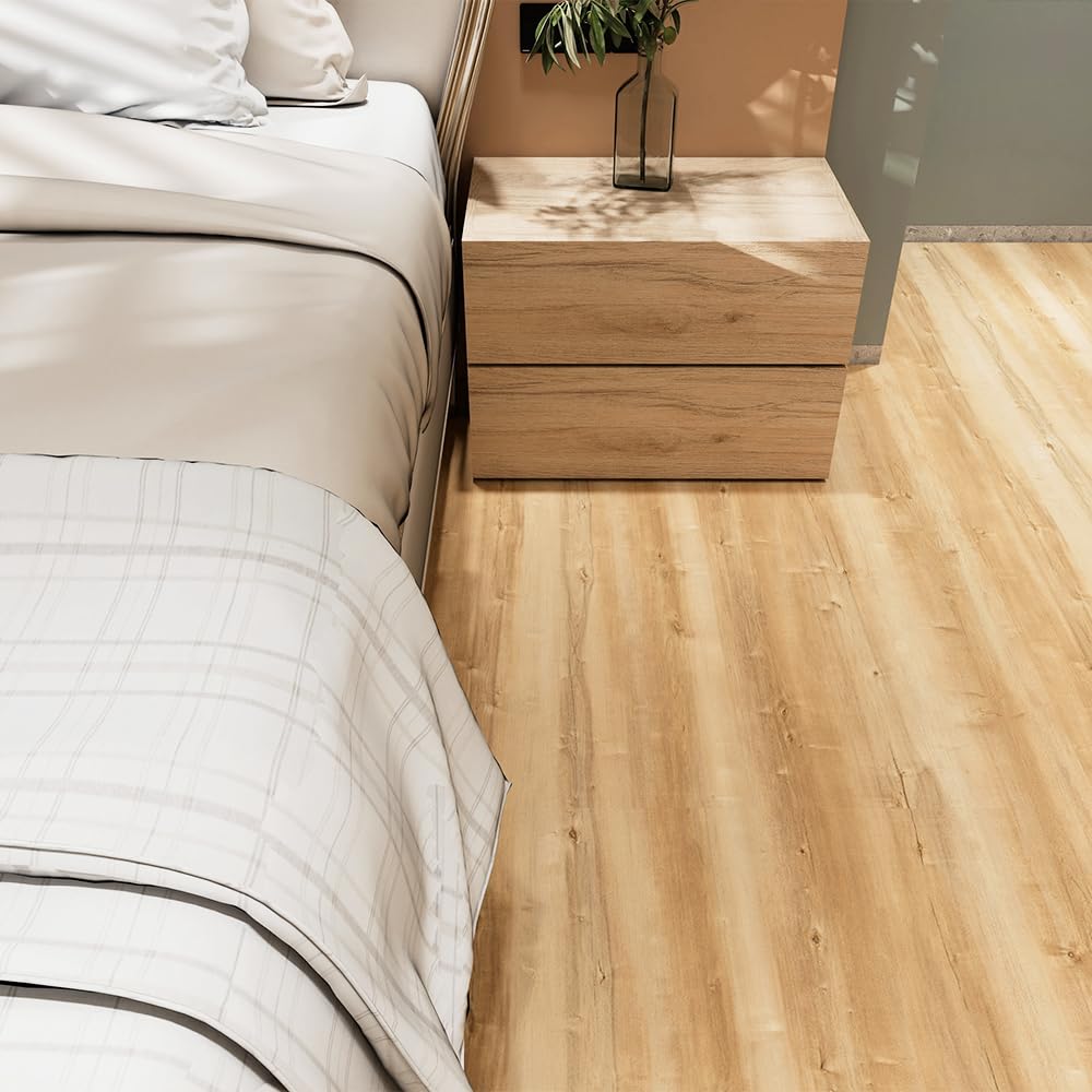 auxua Wood Grain Peel and Stick Floor Tiles – 11.8” Width, Full Roll Length of 118" – Versatile Design for Any Space, Yellow Self Adhesive Vinyl Flooring, Waterproof and Non-Slip Features