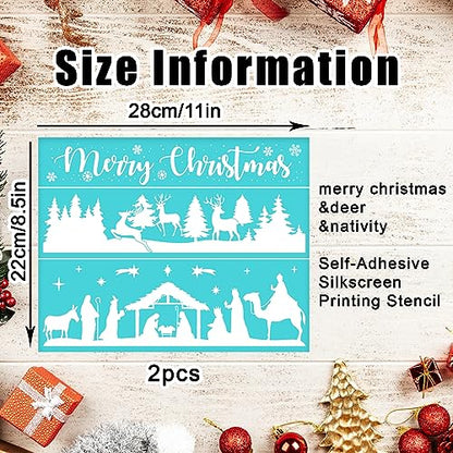 2PCS Christmas Silk Screen Stencil 11x8 Self-Adhesive Mesh Stencils Silkscreen Stencil for Chalk Paste with Reindeer Pine Tree for Printing on Wood Fabric Wall Cup Plate Glass Paper