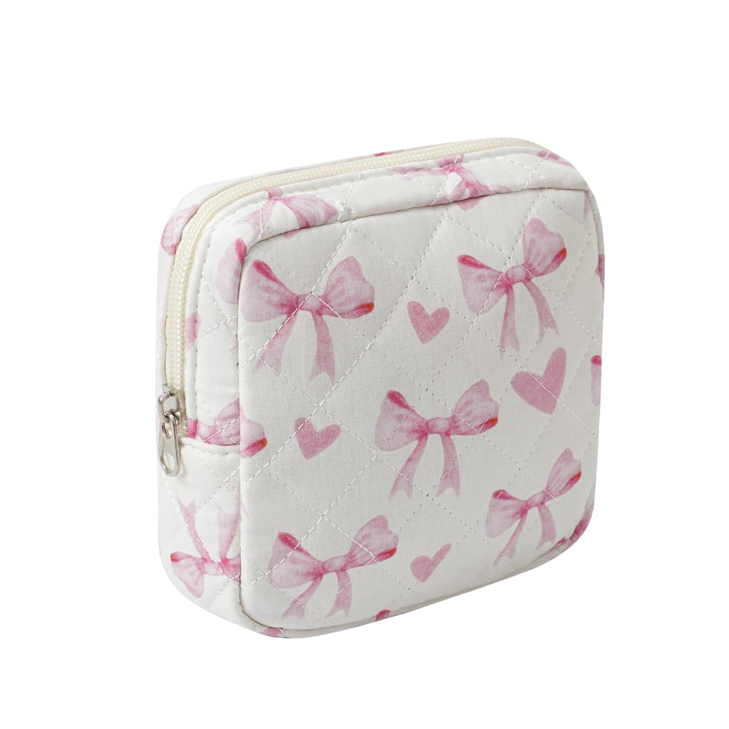 RSRSLEII Small Quilted Cosmetic Pouch for Purse, Mini Cotton Makeup Bag with Compartments, Cute Zipper Lipstick Holder for Women (02Heart Bow)