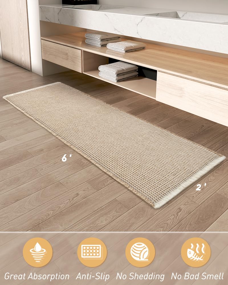 AMOAMI Upgraded Waffle Runner Rug Super Absorbent Non Slip Bath Mats for Bathroom Machine Washable Bathroom Runner Rug with Tassels, Ideal for Hallway Bedroom Laundry Room, 2' x 6', Brown & Cream