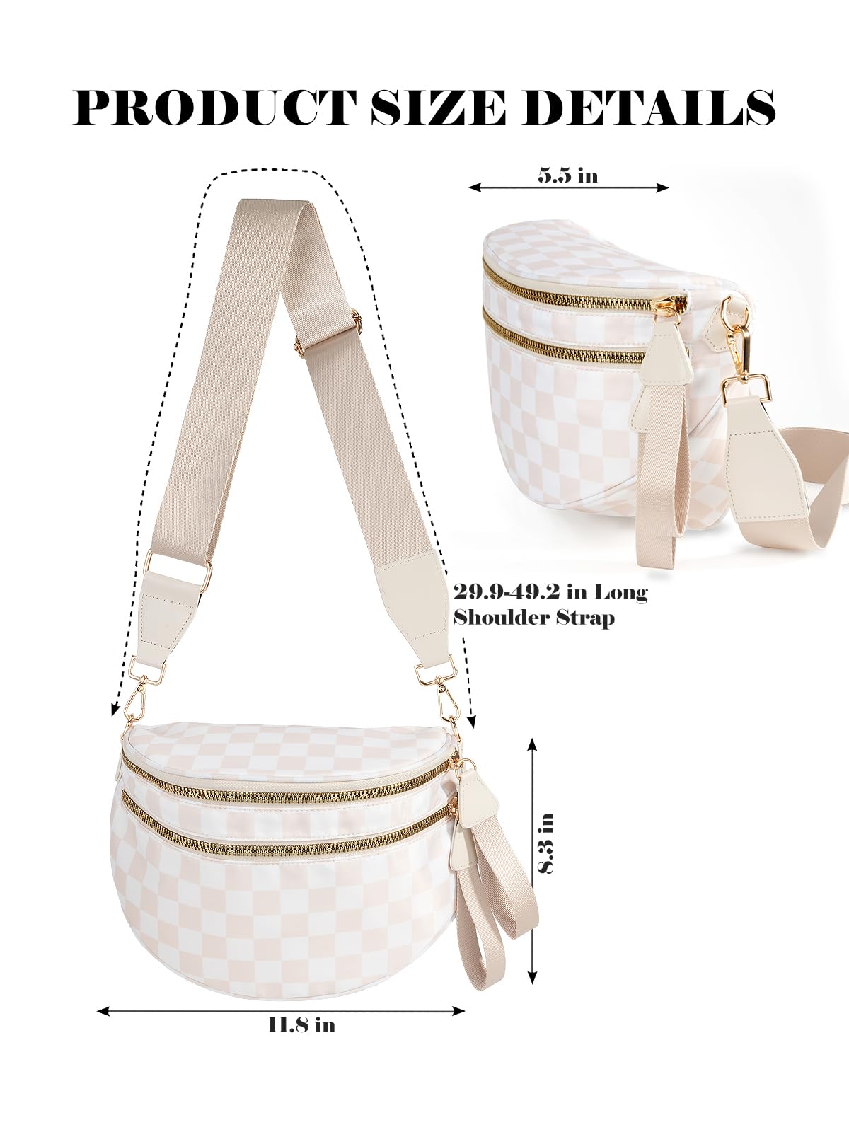 Black and White Checkered Crossbody Bum Bag for Women,Spacious Checkered Purse Fanny Packs Belt Bag Sling Bag with Shoulder Strap (Beige Checkered)