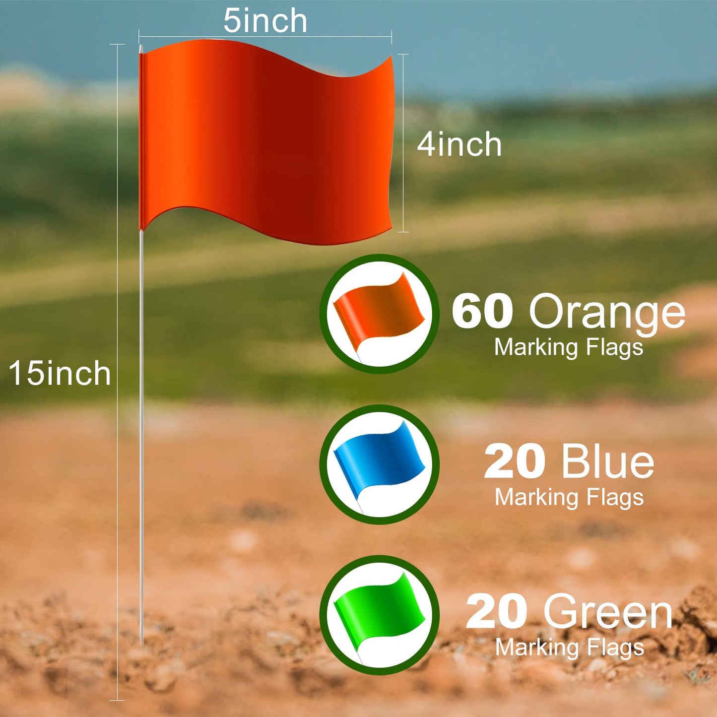 Zozen 100Pack Marking Flags, 60 Orange & 20 Green & 20 Blue, Writable / 15x4x5 Inch, Yard Flags for Lawn & Irrigation & Landscape & Sprinkler & Survey & Dog Training.