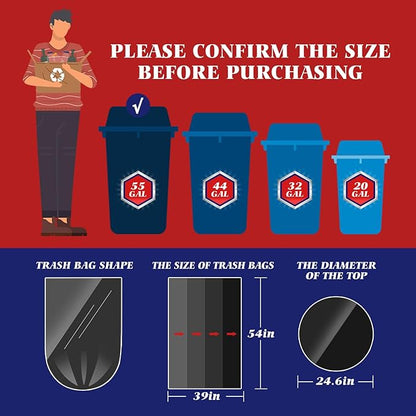 Teivio Trash Bags, 55-60 Gallon,