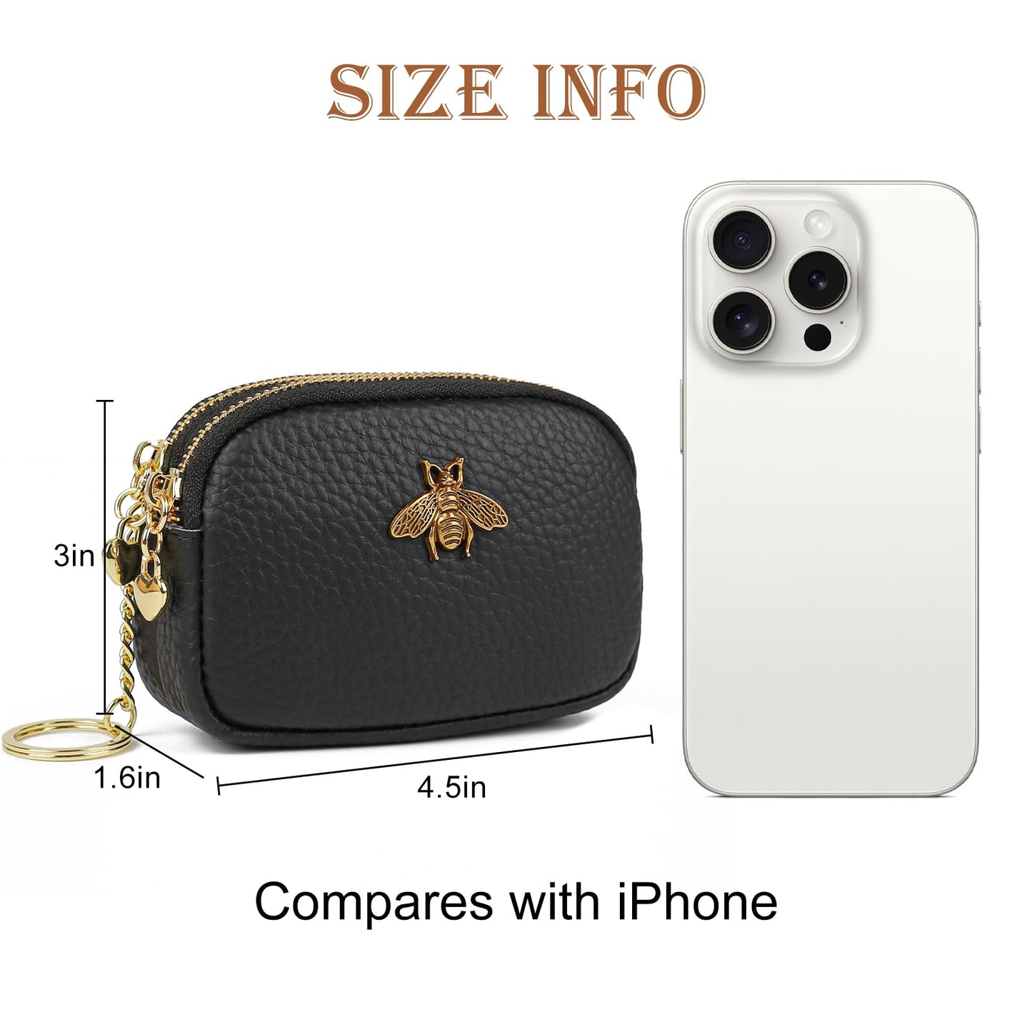 imeetu Women Leather Coin Purse, Small 2 Zippered Change Pouch Wallet(Copper Bee, Yellow Green)