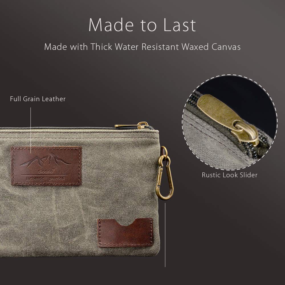 All Purpose Utility Zipper Pouch, EDC Organizer, Water Resistant, Durable Waxed Canvas with Full Grain Leather, Carabiner, Inner Pockets, Office Work Essentials, Charger Case, Pencil Case. Olive.