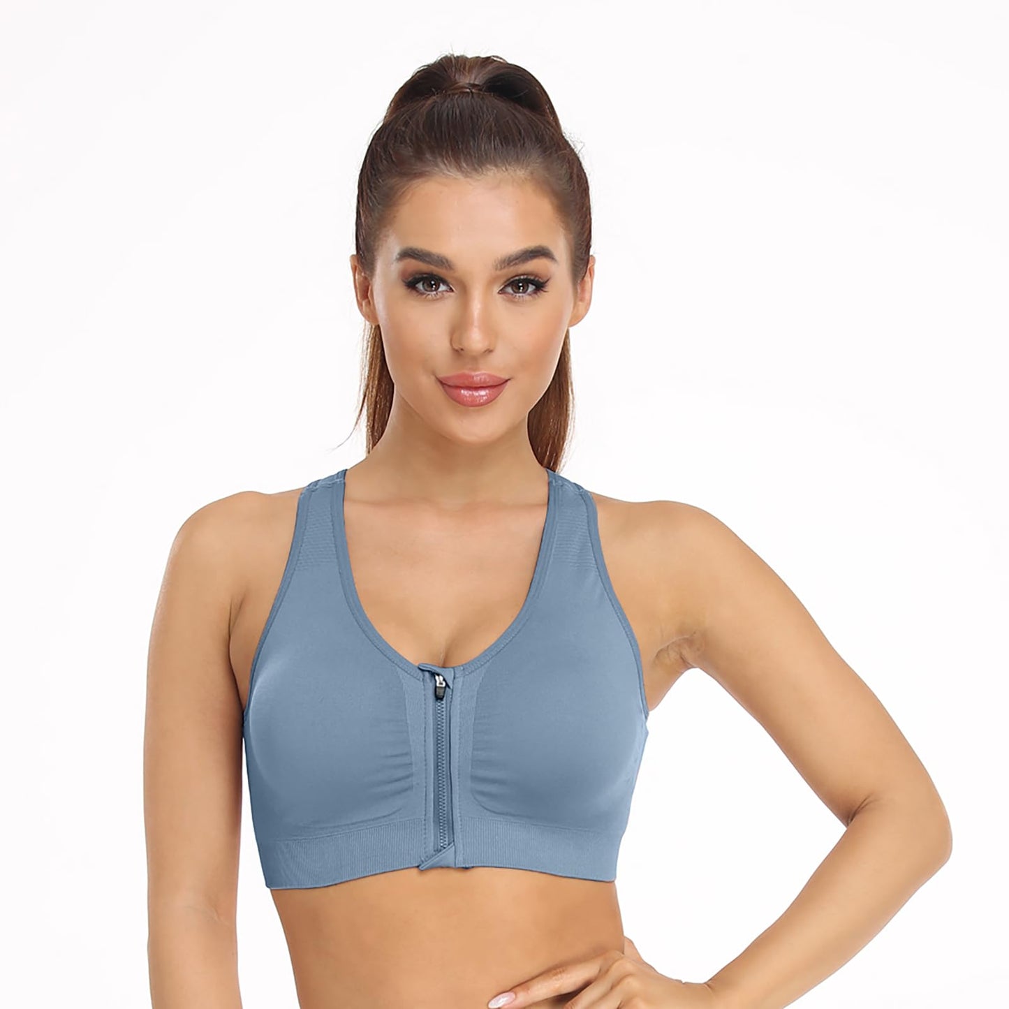 Women's Zip Front Sports Bra - Wireless, Post-Surgery, Padded, Racerback, Workout Gym Yoga Bras - 3 Pack (Large, Black+Grey+Light Blue)