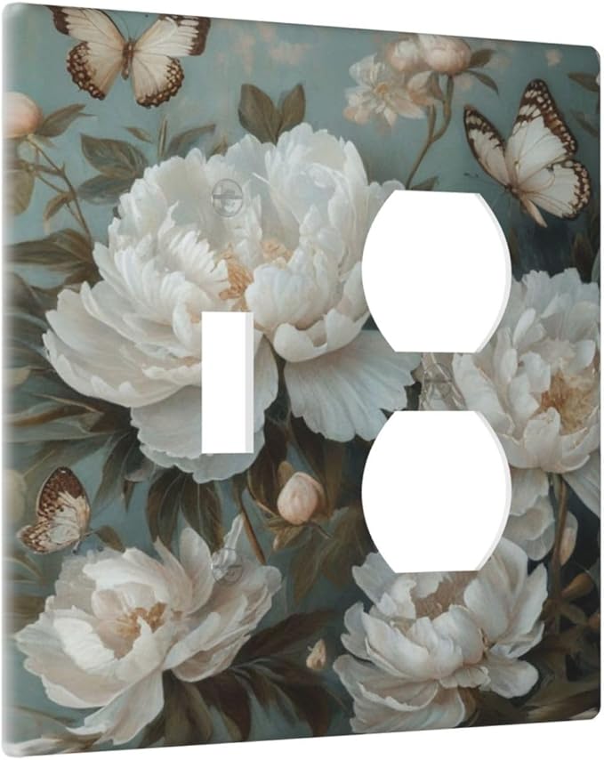 Decorative Art Light Switch Covers Butterflies & Peonies 2 Gang Single Toggle Duplex Combination Electrical Faceplate Switchplate Wall Plate for Home Decor