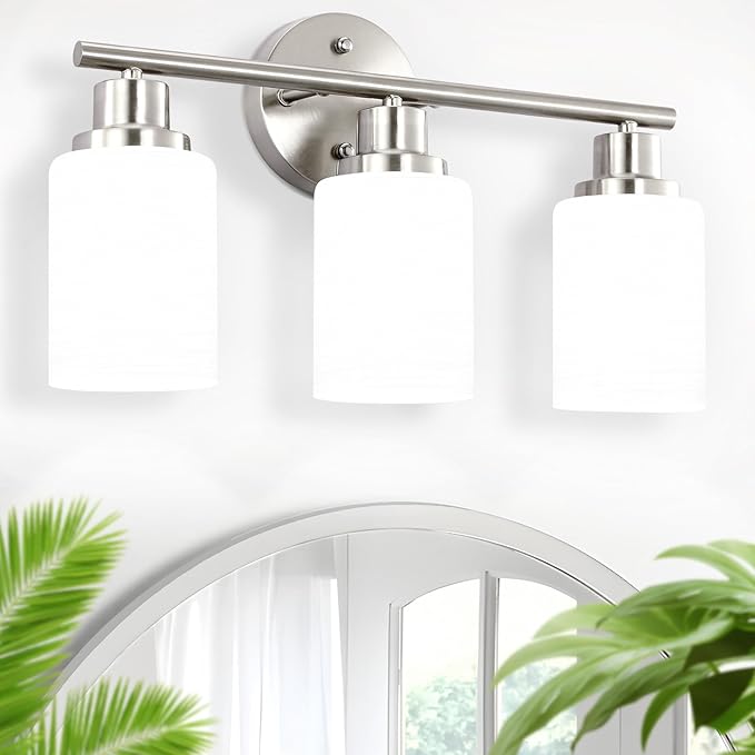 3-Light Bathroom Light Fixtures, Vanity Lights for Mirror with Textured Milky White Glass Shade, Modern Kitchen Light Fixtures Wall Sconce Light - E26 Base - Brushed Nickel