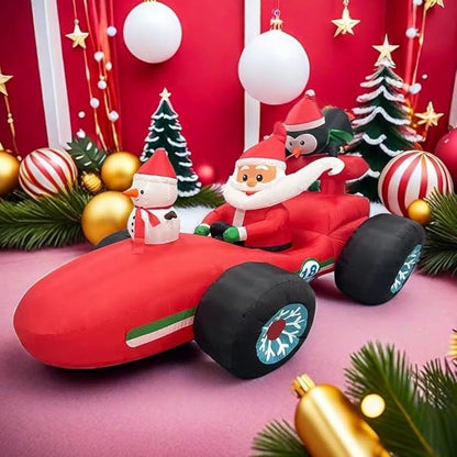 8FT Christmas car Inflatable Old Man, Santa Claus Snowman Penguin Driving Racing car, Built-in LED Lights and Blower, Christmas Inflatable Outdoor Decoration Lawn Patio Christmas Outdoor Decoration.