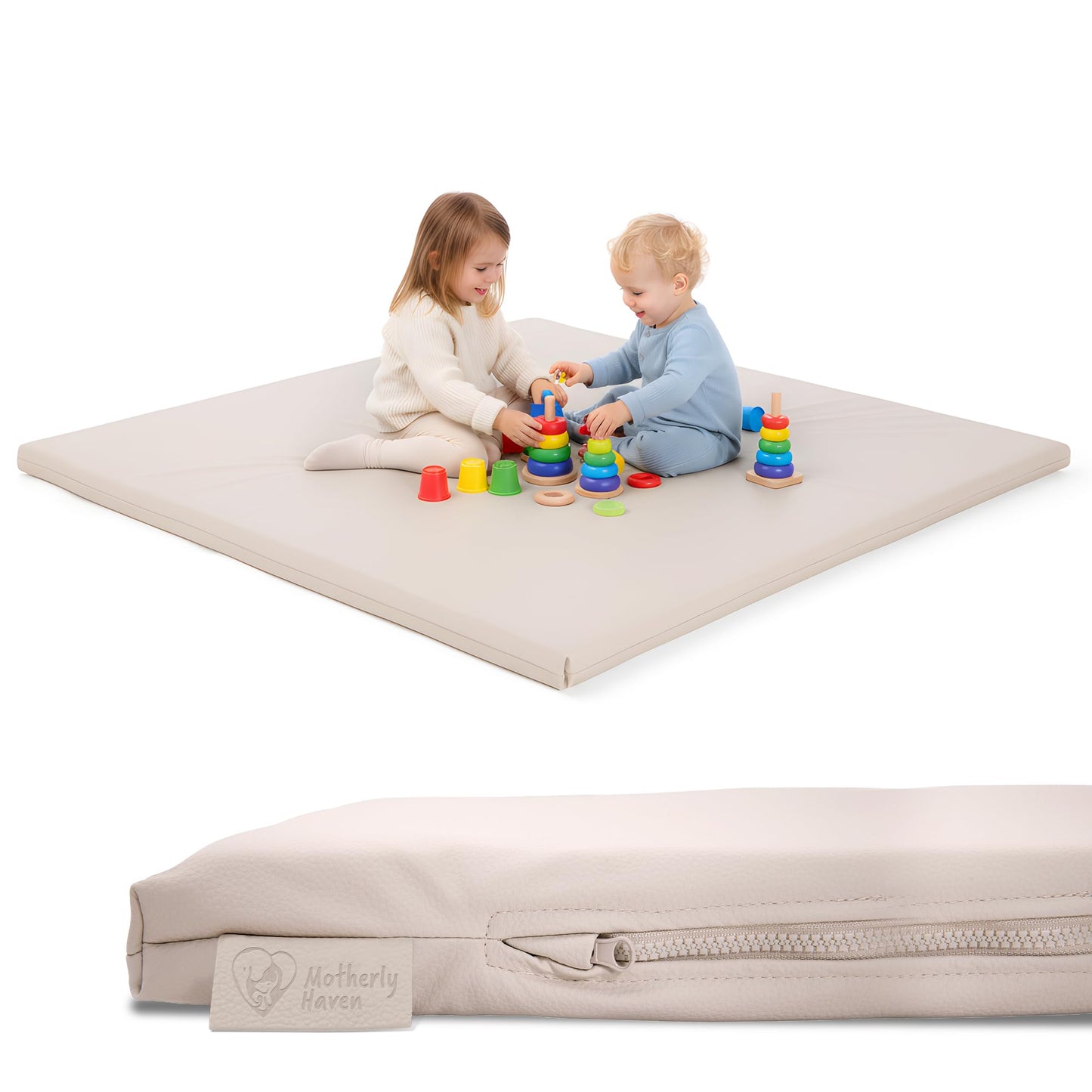 Motherly Haven Thick Baby Play Mat – 50x50x1 Rollable Foam Floor Mat for Babies, Tummy Time, Crawling & Safe Indoor Play – Waterproof, Non-Toxic & Easy to Clean – Beige