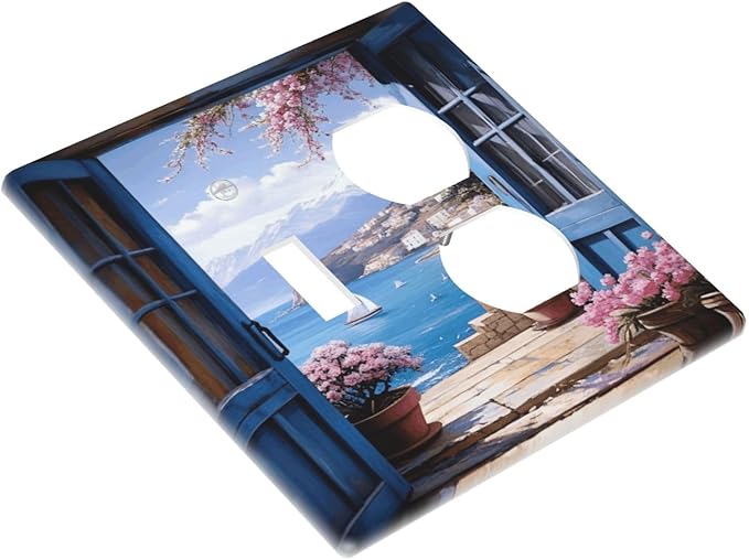 Decorative Art Light Switch Covers Seaside Window View 2 Gang Single Toggle Duplex Combination Electrical Faceplate Switchplate Wall Plate for Home Decor