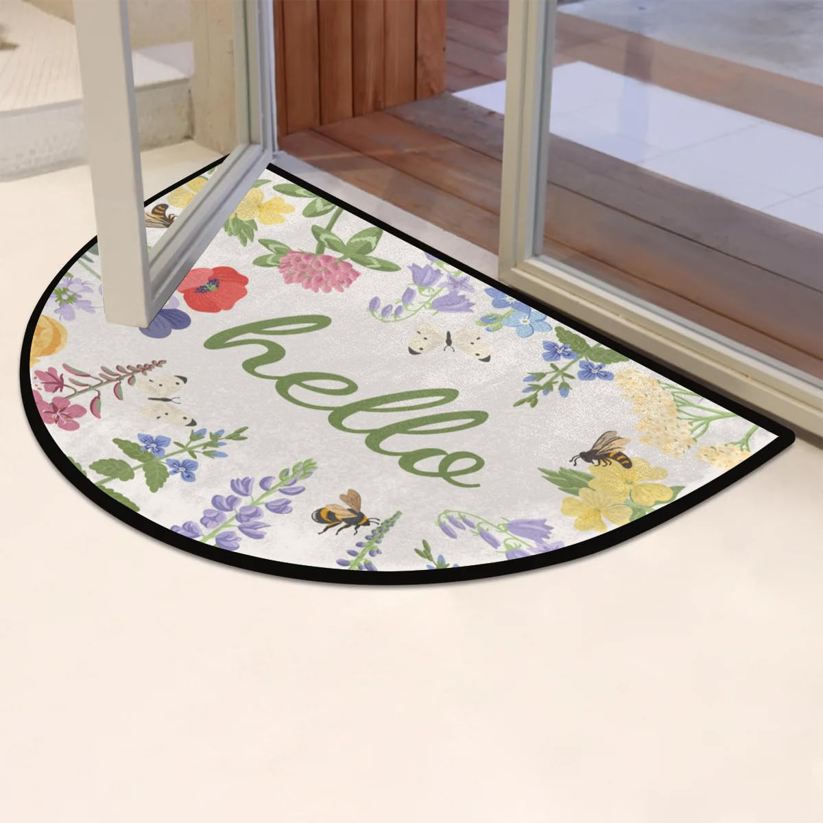 Half Round Door Mat,Hello Floral Non Slip Absorbent Entrance Doormat,Spring Flower Welcome Mat for Front Door,Low-Profile Semi Circle Floor Mats Area Rugs for Home Kitchen Garage Patio,36" x 24"