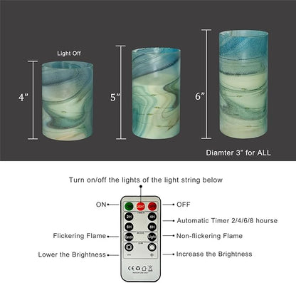 Printed Flameless Candles with String Lights - Set of 3 Battery Operated Candle Flickering Floral LED Pillar Candles with Timer Remote for Home Decor Romantic Ambiance,BG