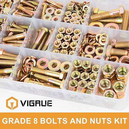 VIGRUE 636PCS Grade 8 Bolt Assortment Kit, 1/4-20, 5/16-18, 3/8-16, 1/2-13 Heavy Duty SAE Bolts and Nuts Washers Kit