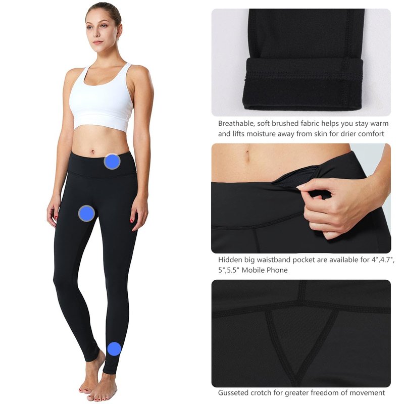 baleaf Women's Fleece Lined Leggings Thermal Warm Winter Leggings High Waisted Yoga Pants Cold Weather Inner Pocket 2-Pack Black/Blue XS