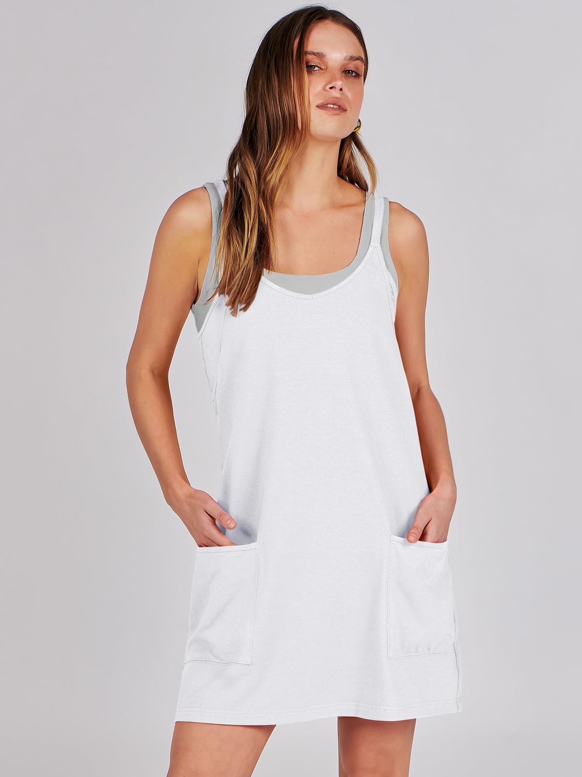ANRABESS Women Athletic Dress Summer Tennis Workout Active Sports Mini Romper Dress Built in Shorts Travel Vacation Clothes White Small