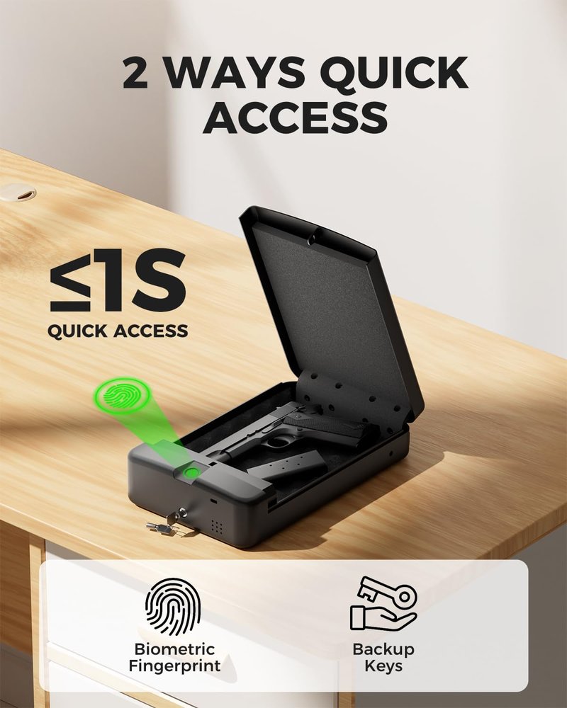 Biometric Gun Safe Travel Case for Pistol, Easy Edition, Quick Access with Smart Fingerprint and Keys, Portable Handgun Safe for Home Bedside Nightstand Car