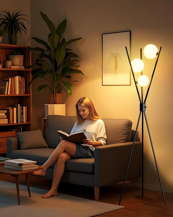 Lightdot 60IN Dimmable Tripod Floor Lamp Mid Century Black Standing Lamps with 3Pcs 3000K G9 Bulbs Globe Eye Care&Stable Base Modern Tall Lamp for Living Room Bedroom Office
