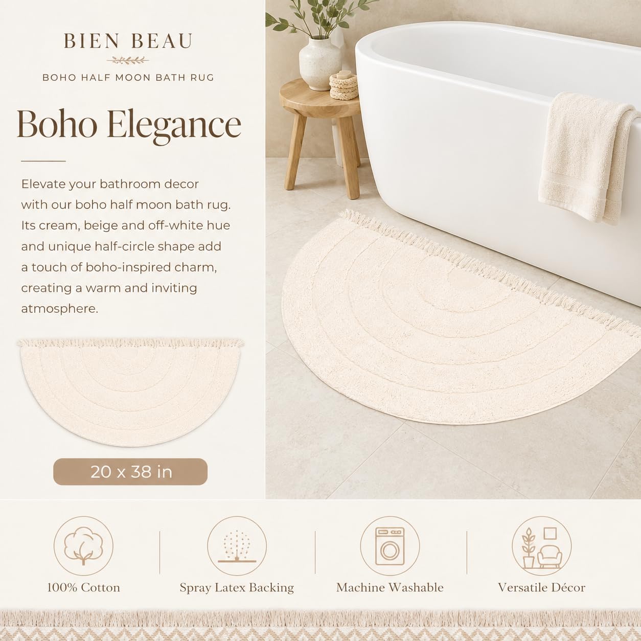 BIEN BEAU Unique Boho Half Moon Bath Rug – Ivory - 100% Cotton Bathroom Rugs - Stylish Non-Slip Bohemian Rug for Bath and Bedroom – Cute Boho Decor 20 x 38 inch