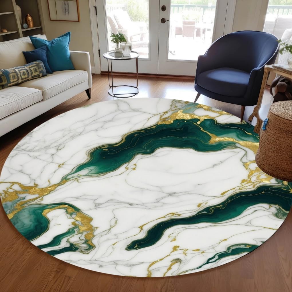 Emerald Green Gold Marble Abstract Modern Aesthetic 6ft Round Area Rug for Living Room Bedroom Diningroom Washable Wool Ultra Soft Carpet Art Deco Guestroom Meetingroom Office Floor Rug Mat