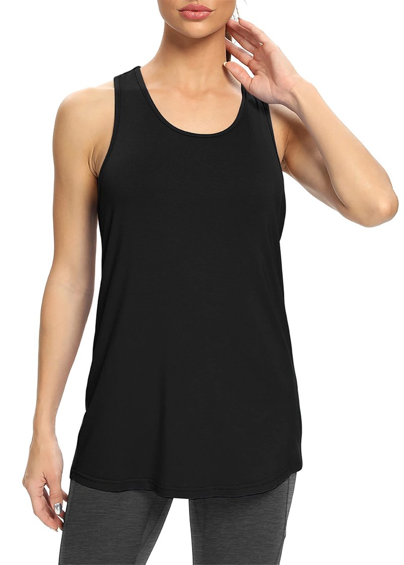 Bestisun Womens Long Tank Tops Running Workout Yoga Clothing Athletic Wear Sports Gym Shirts Black L