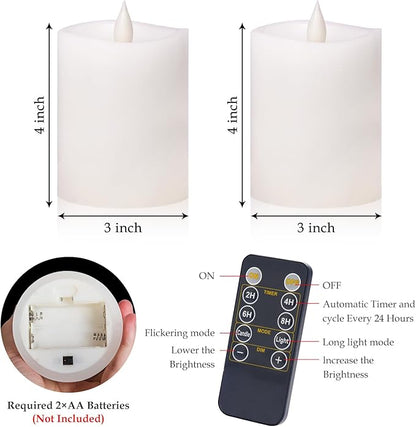 3"x4" Flickering Flameless Battery Candles with Timer, White Realistic LED Pillar Candles, Set of 2 Large Remote-Operated Candles for Home Indoor/Outdoor & Holiday Decor