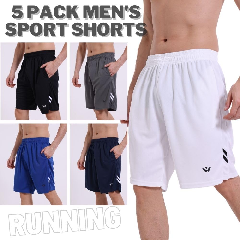 fovdtaa 5 Pack Mens Sports Shorts Men's Athletic Shorts with Pockets and Elastic Waistband, Quick Dry Workout Shorts for Men Running Trousers Black,Grey,Blue,Navy,White L