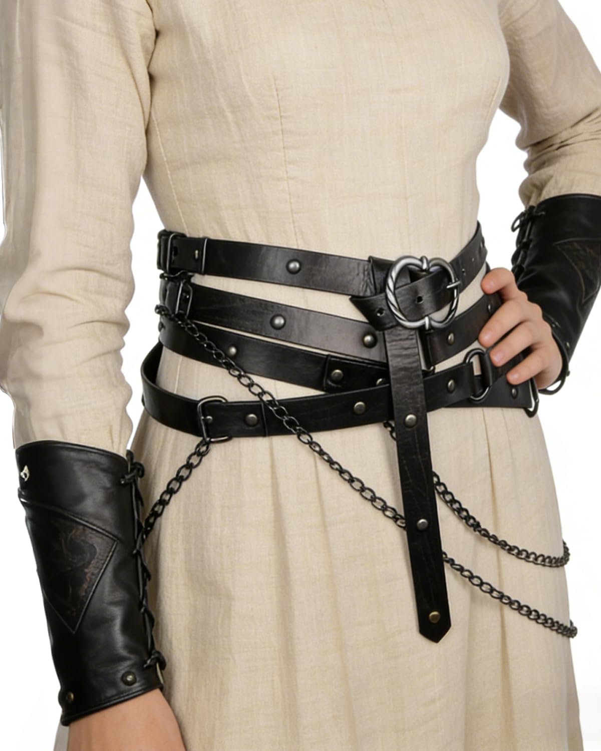 L'VOW Medieval Chain Leather Belt for Women Vintage Thin Belt for Renaissance Dresses Cosplay(StyleA,Black)