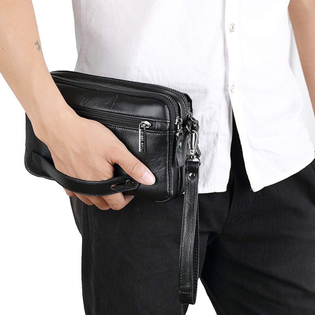 KPYWZER Leather Clutch Purse Wallet Men Wristlet Organizer Holder Wrist Bag Pack Business Handbag Black