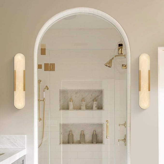 Alabaster Wall Sconces Set of 2,19.7'' Brass Wall Sconce Natural Marble Wall Sconce for Bathroom, Indoor Modern Wall Light Fixtures for Living Room Hallway Stairs Vanity Bedside, Gold