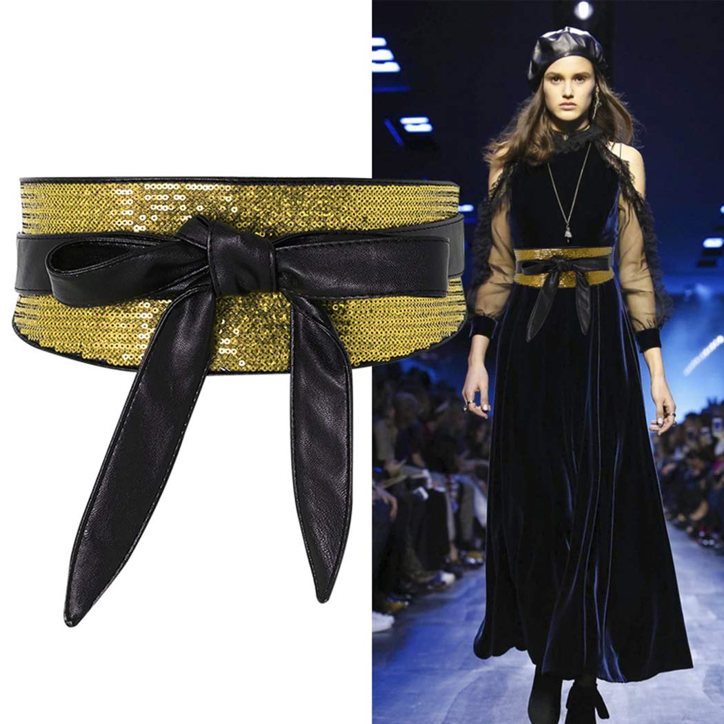 shengweiao Women's Sequin Faux Leather Self Tie Wrap Obi Waist Belt (Gold)