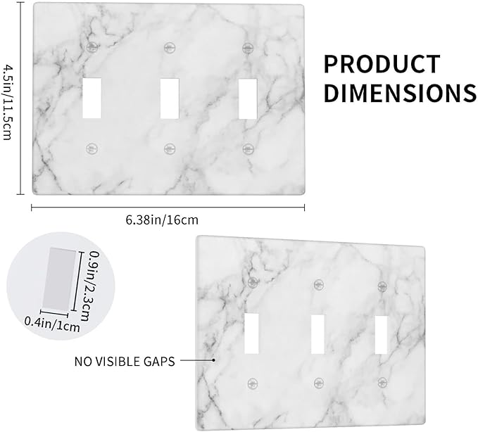 White Marble Pattern Light Switch Cover Plates Decorative Wall Plate Triple Toggle Art Print Faceplate for Kitchen Home Kids Room Decor 6.38" X 4.5"