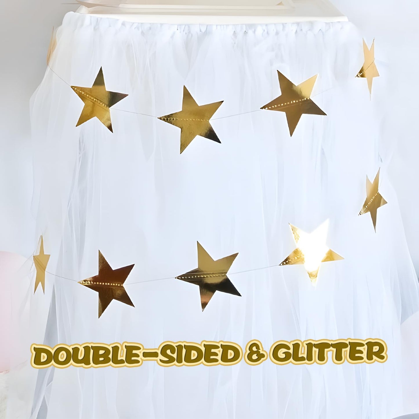 YUQILIN 158 Feet 12 PCS Glitter Gold Star Garland Banner Decoration, Reflective Sparkle Little Star Paper Hanging Decor Double Side Star Streamer Bunting for Party Wedding Christmas Birthday Festival