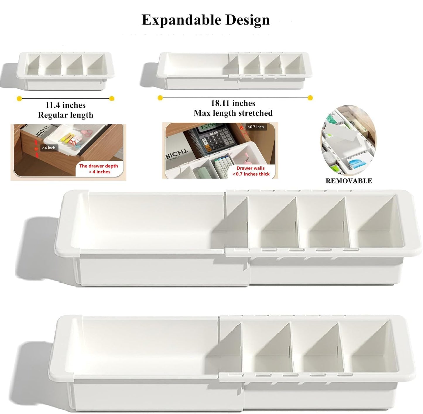 YOOUSOO Expandable Drawer Organizer, 2 PCS Adjustable Drawer Organizer Trays, Drawer Dividers Organizers and Storage For Office Supplies, Pens, Makeup,Utensils, Tools, Flatware and Junks, White
