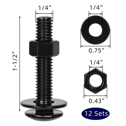 OUSCHR 1/4-20 x 1-1/2" Carriage Bolt Kit, Stainless Steel 304 Carriage Bolts Screws with Hex Nuts & Flat Washers, Round Head Square Neck, Full Thread, Black Finish, 12 Sets
