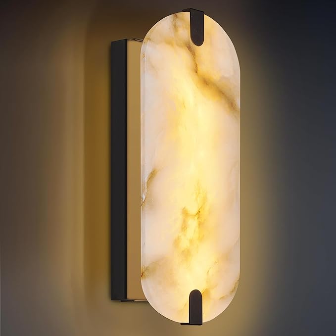 14.17in Alabaster Wall Sconces, Natural Marble Wall Light, Modern LED Alabaster Sconces for Living Room Indoor Wall Lamps for Dining Room Stairs Bedroom,Black