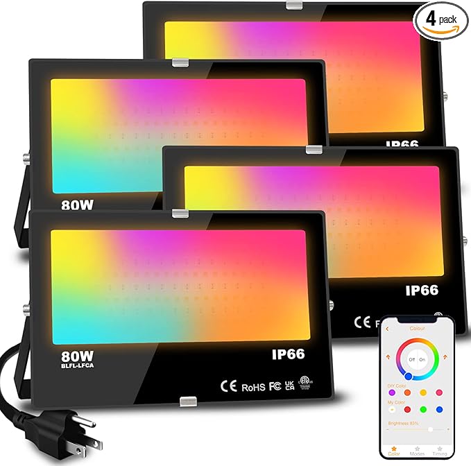 MELPO LED Flood Light Outdoor 800W Equivalent 8000LM Smart RGB Landscape Lighting with APP Control, DIY Scenes - Timing - Warm White 2700K - Color Changing Uplight, IP66 Waterproof US Plug (4Pack)