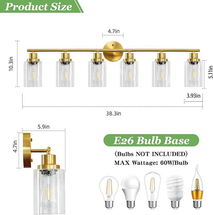 6-Light E26 Gold Bathroom Vanity Lights, Modern Bathroom Light Fixtures with Clear Glass Shade, Wall Lamps for Mirror Hallway Kitchen Cabinet Living Room Sconces Lights