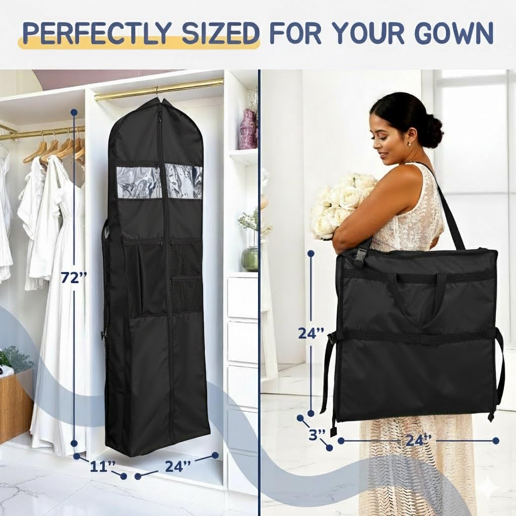 Wedding Dress Garment Bag 72" – Waterproof Trifold Travel Garment Bag for Bridal Gown with Shoulder Strap, Suitcase Sleeve & Accessory Pockets – Fits Full Skirts, Oxford Fabric, Carry Handle