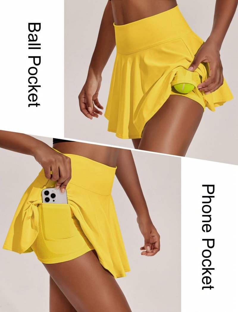 PINSPARK Womens Tennis Skirt High Waist Pleated Mini Skirts Tummy Control Athletic Skort with Pockets, Yellow XXL