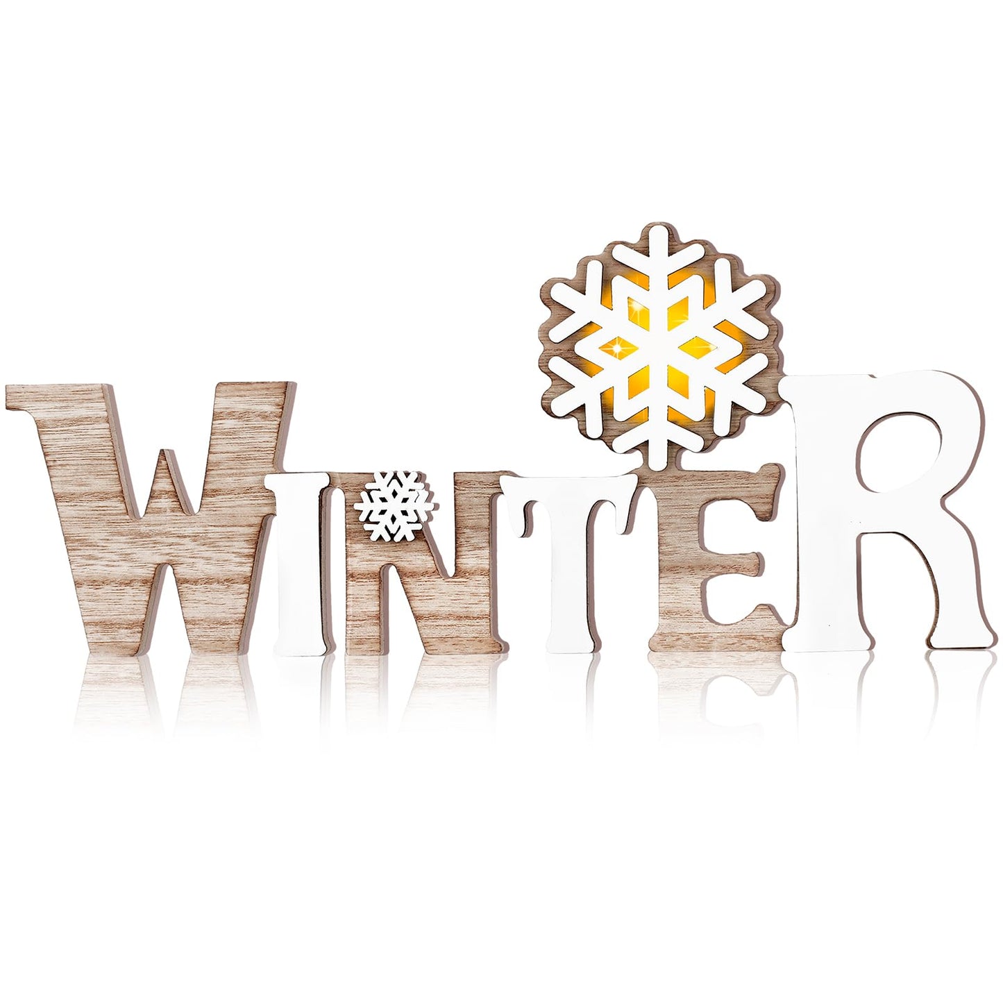Geetery White Winter LED Wooden Sign Rustic Wooden Words Sign Tabletop Centerpiece Decor Snowflake Decorations for Winter Christmas Table Home Indoor Party
